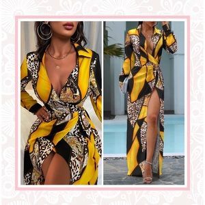 🍒 ANIMAL PRINT GOLD DESIGNER DRESS LONG MAXI WRAP OPEN DUSTER CHIC FASHION